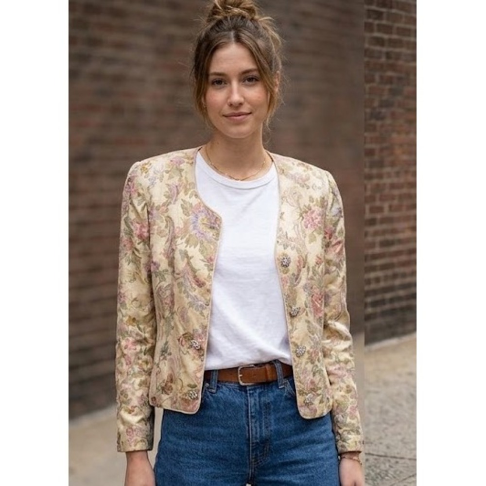 Miss Eliette Womens 8 Vintage 80s Gold Brocade Floral Damask Blazer Jacket